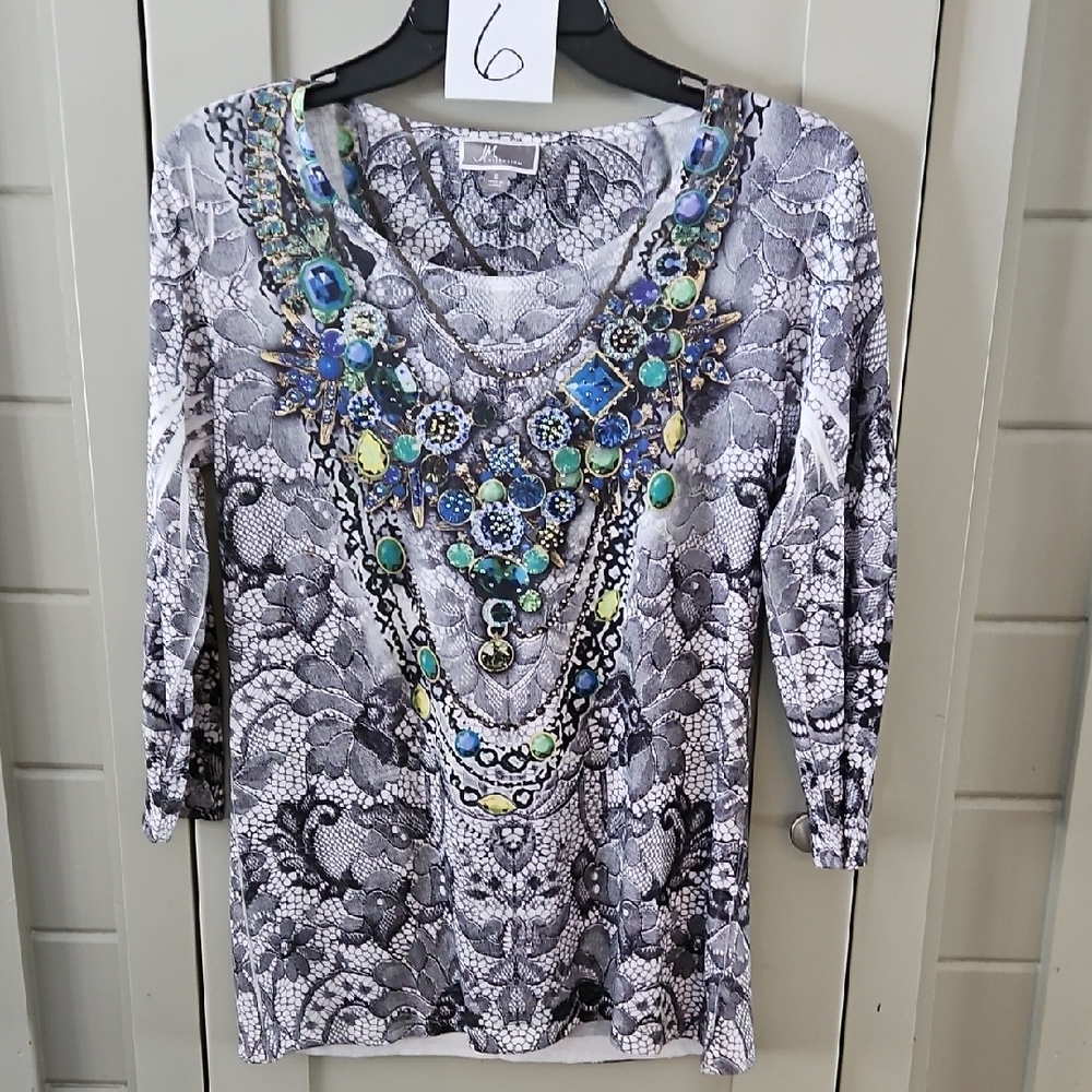 🕶️ JM Collection Black and White Patterned Long Sleeve Top Small Ptp 19+